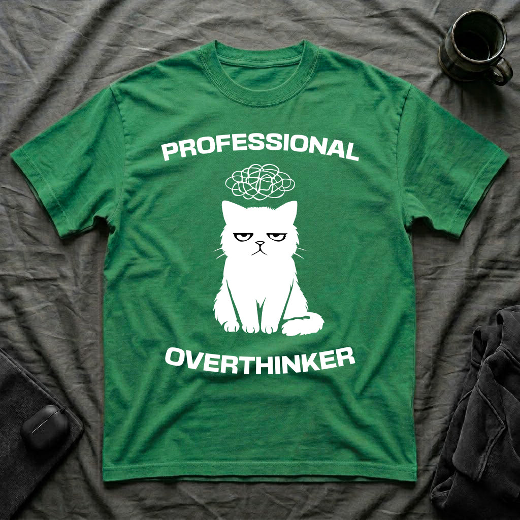 T-Shirt — 'Professional Overthinker' Tired Cat Graphic Tee (Tired jokes)