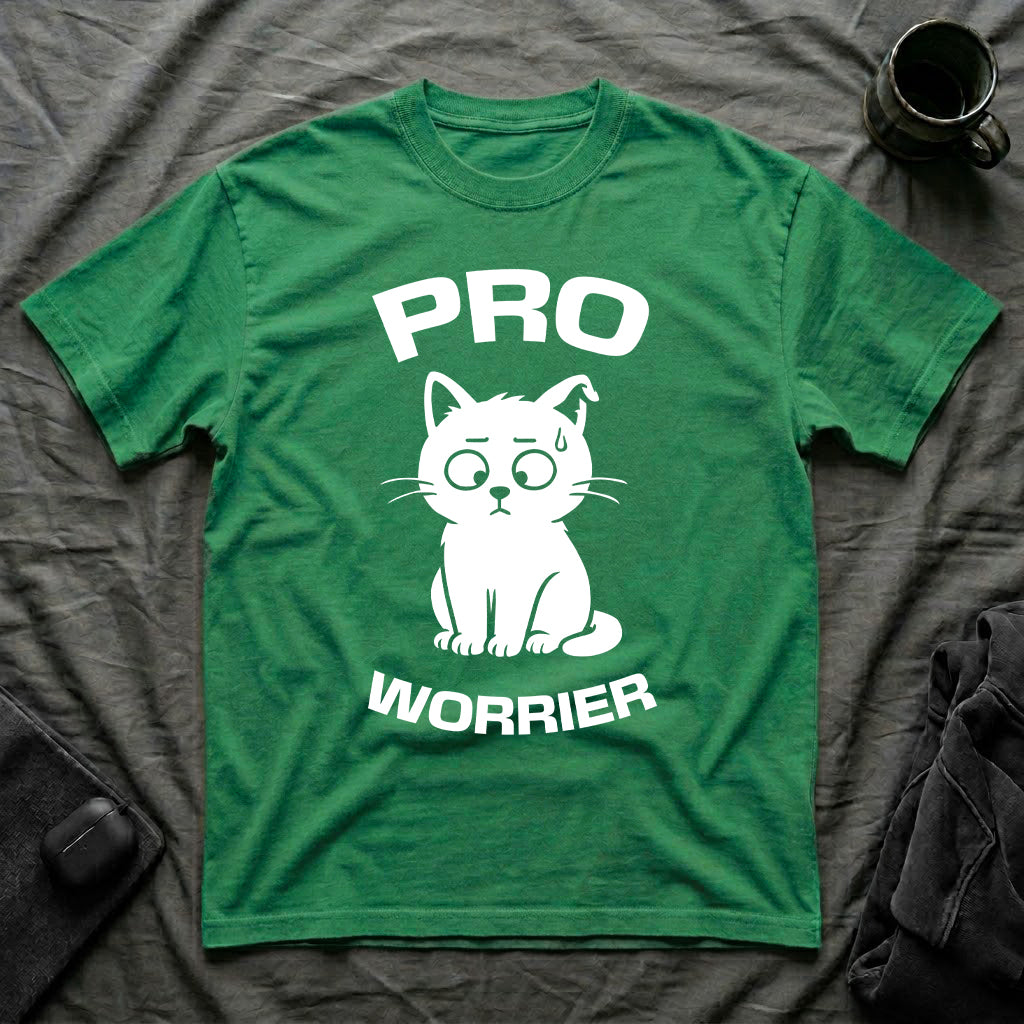 T-Shirt — 'Pro Worrier' Tired Cat Graphic Tee (Tired jokes)