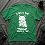 T-Shirt — 'LEAVE ME AND MY SNACKS' Tired Cat Graphic Tee (Tired jokes)