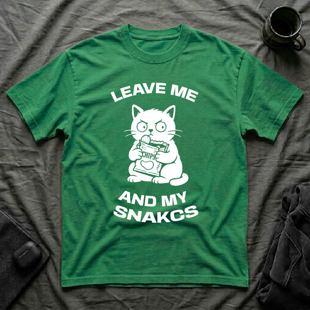 T-Shirt — 'LEAVE ME AND MY SNACKS' Tired Cat Graphic Tee (Tired jokes)