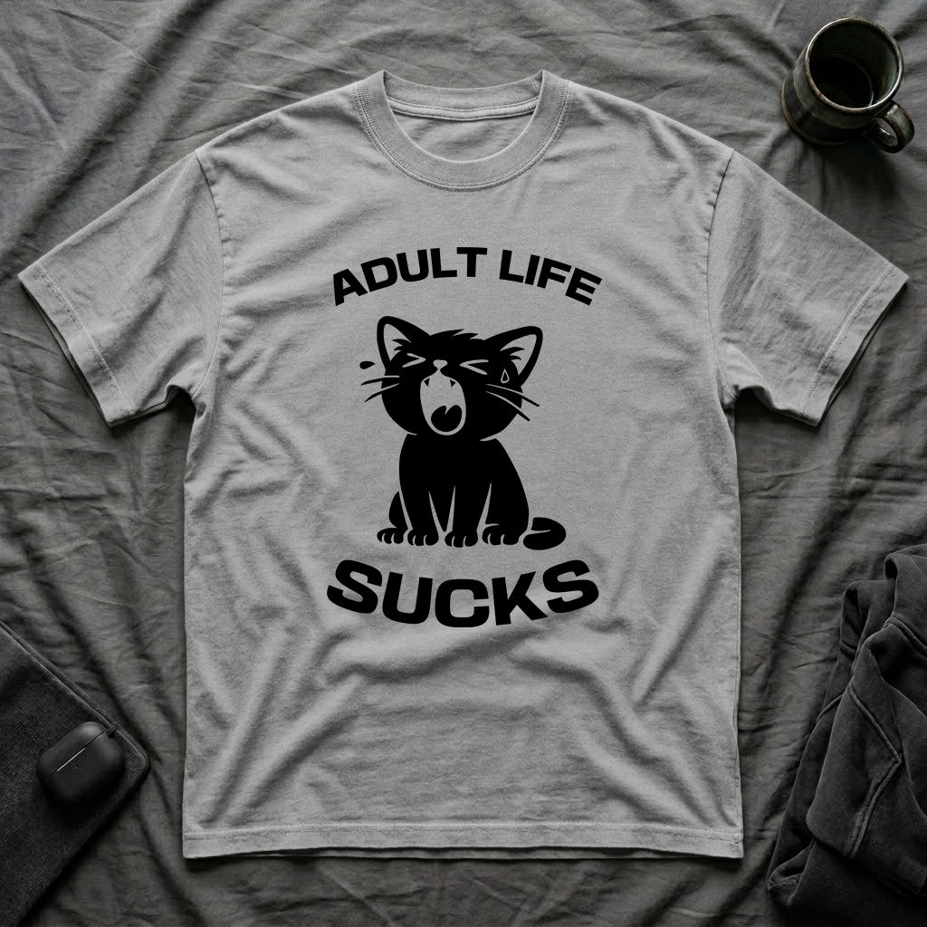 T-Shirt — 'Adult Life Sucks ' Tired Cat Graphic Tee (Tired jokes)