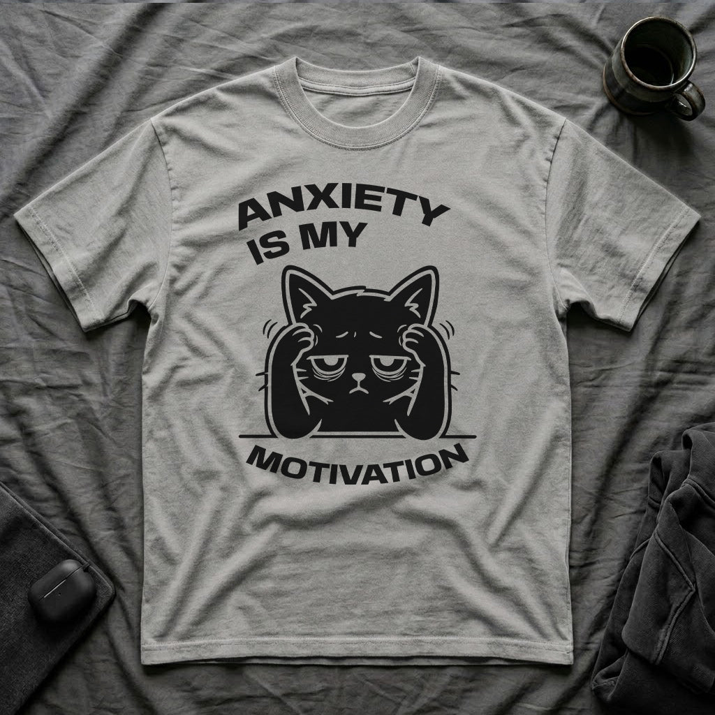 T-Shirt — 'ANXIETY IS MY MOTIVATION' Tired Cat Graphic Tee (Tired jokes)