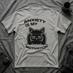 T-Shirt — 'ANXIETY IS MY MOTIVATION' Tired Cat Graphic Tee (Tired jokes)