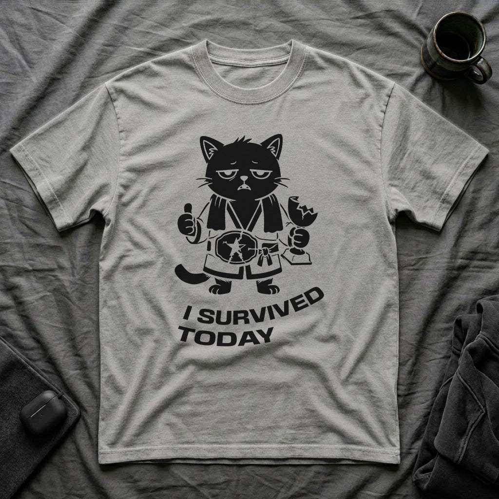 T-Shirt — 'I SURVIVED TODAY' Tired Cat Graphic Tee (Tired jokes)