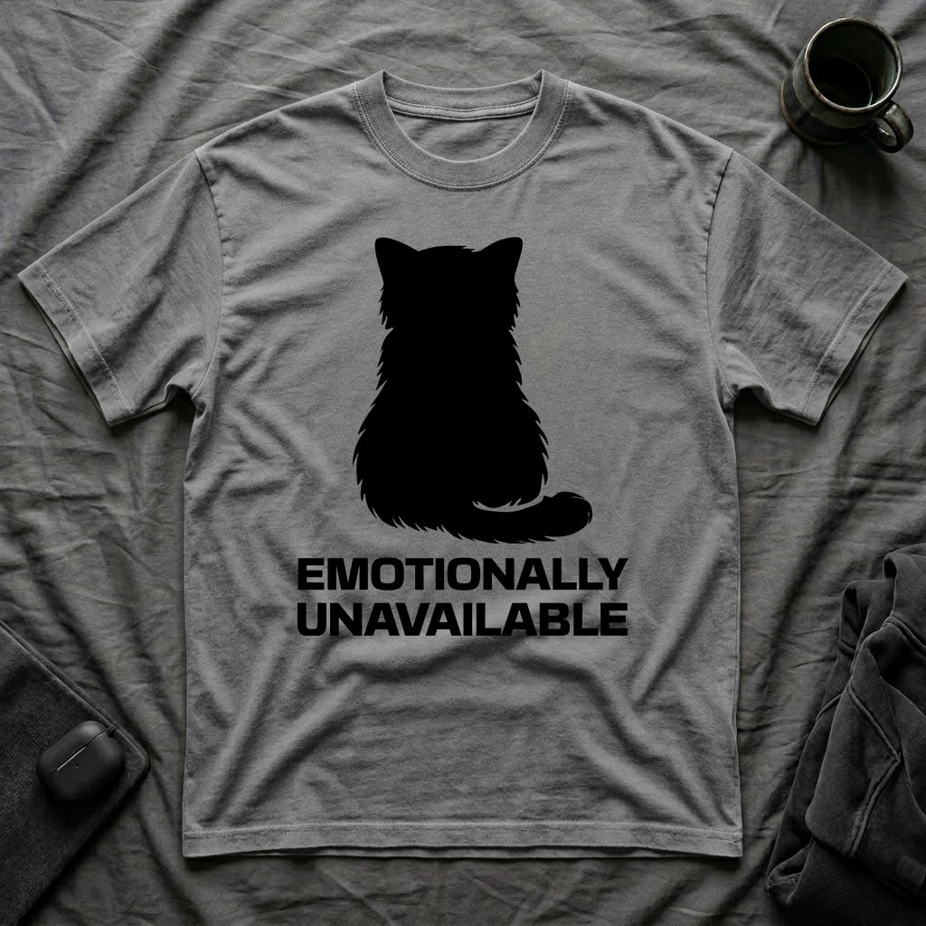 T-Shirt — 'Emotionally Unavailable' Tired Cat Graphic Tee (Tired jokes)