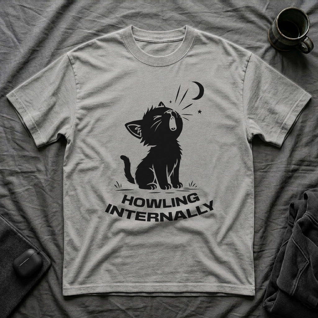 T-Shirt — 'HOWLING INTERNALLY' Tired Cat Graphic Tee (Tired jokes)