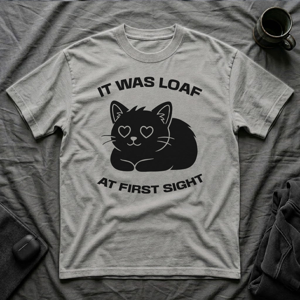T-Shirt — 'IT WAS LOAF AT FIRST SIGHT' Tired Cat Graphic Tee (Tired jokes)