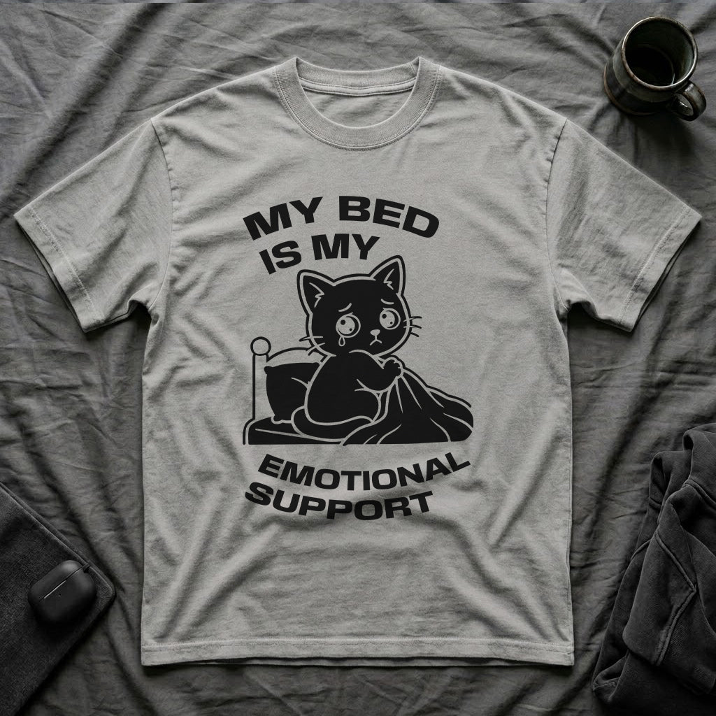 T-Shirt — 'MY BED IS MY EMOTIONAL SUPPORT' Tired Cat Graphic Tee (Tired jokes)