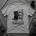 T-Shirt — 'My Diet Starts Tomorrow' Tired Cat Graphic Tee (Tired jokes)