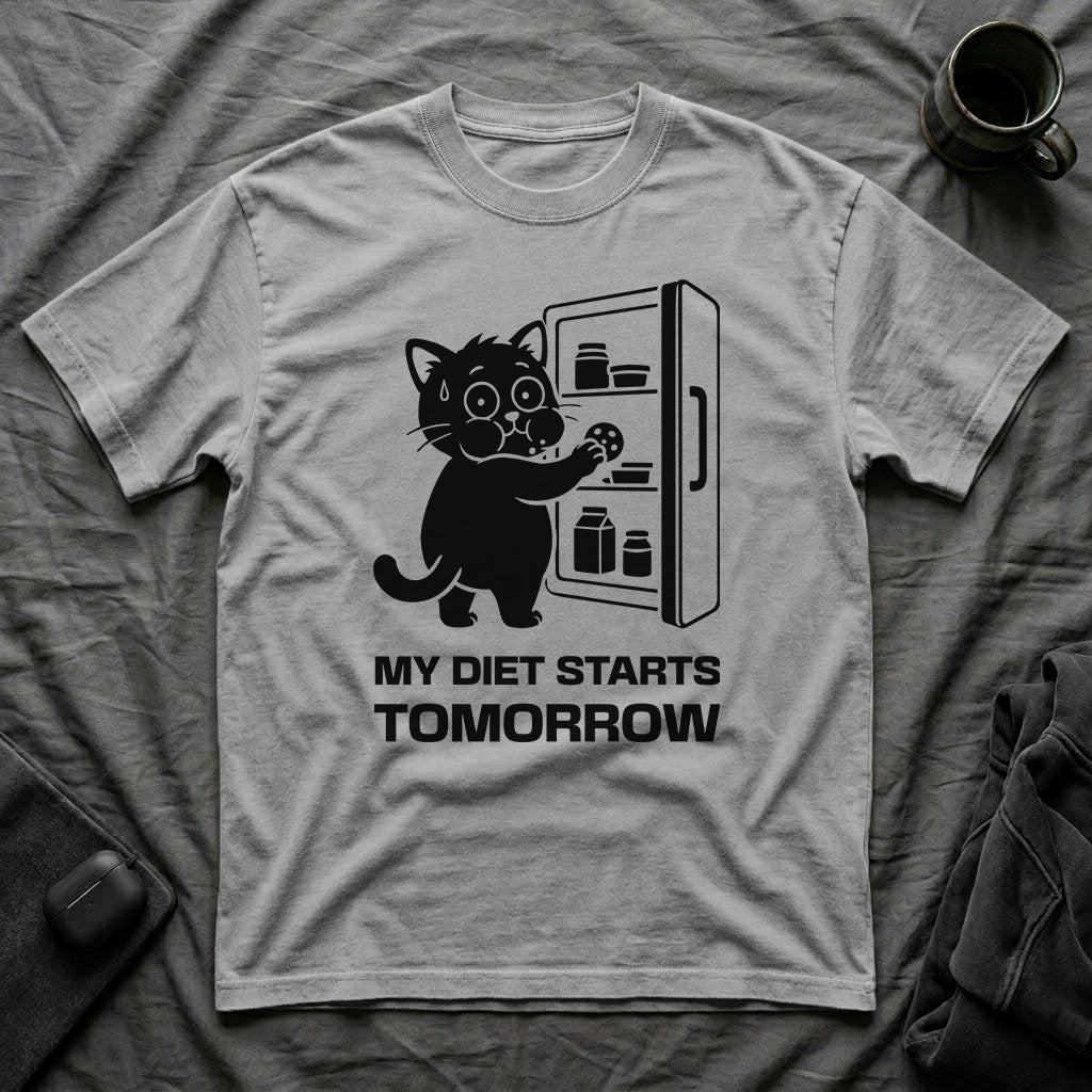 T-Shirt — 'My Diet Starts Tomorrow' Tired Cat Graphic Tee (Tired jokes)