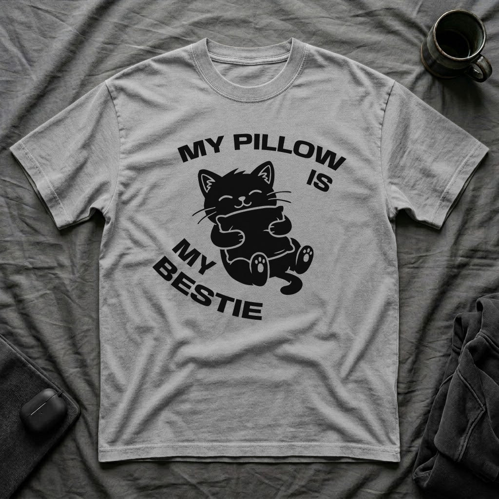 T-Shirt — 'My Pillow Is My Bestie' Tired Cat Graphic Tee (Tired jokes)