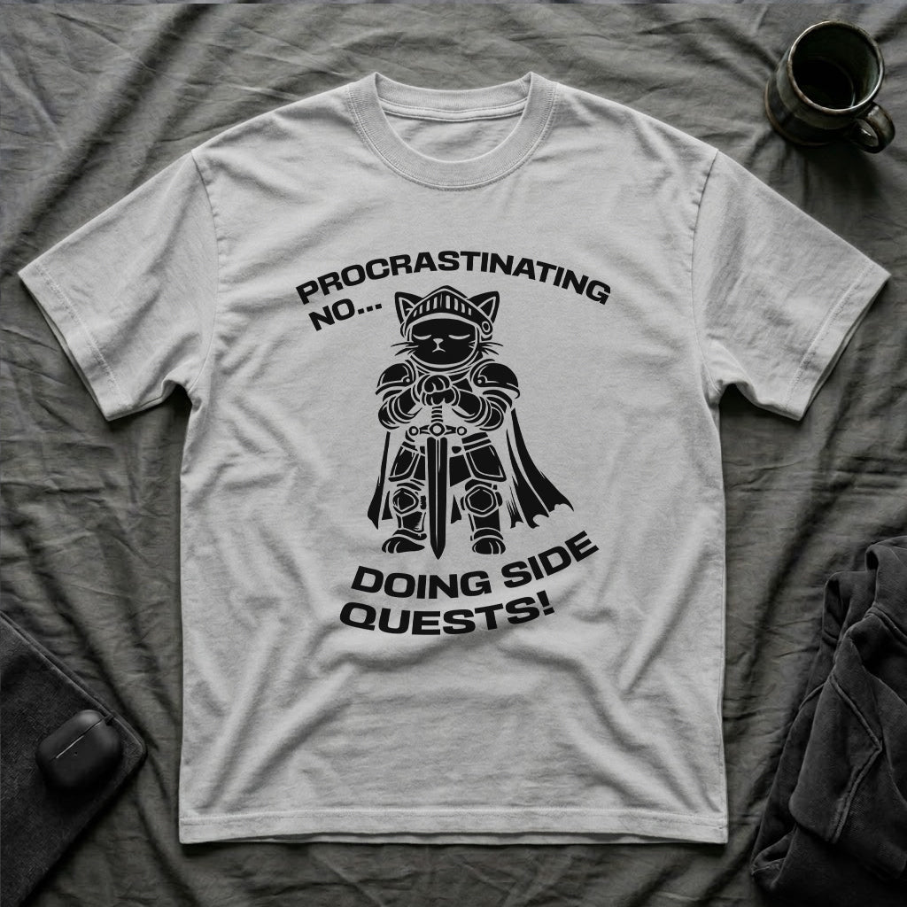 T-Shirt — 'PROCRASTINATING NO...DOING SIDE QUESTS!' Tired Cat Graphic Tee (Tired jokes)