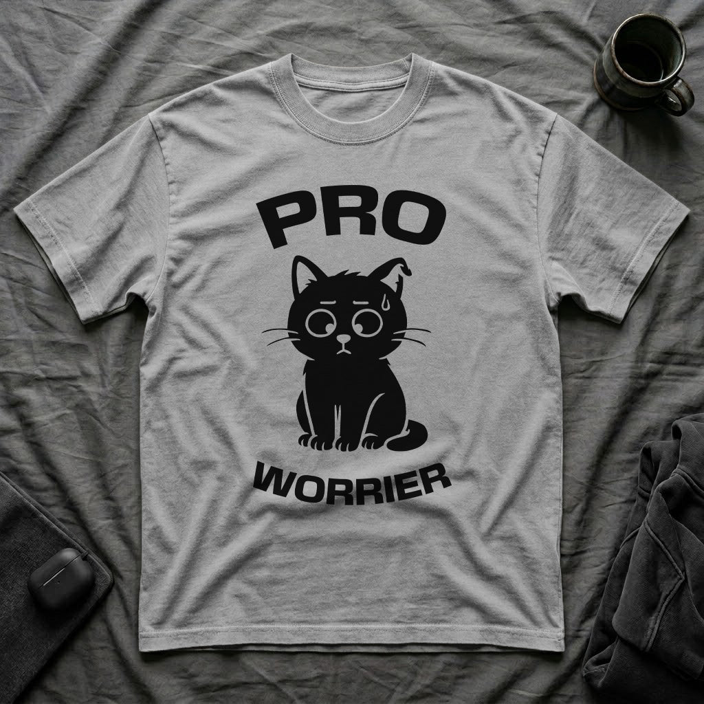 T-Shirt — 'Pro Worrier' Tired Cat Graphic Tee (Tired jokes)