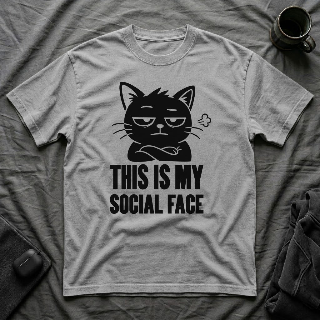 T-Shirt — 'This Is My Social Face' Tired Cat Graphic Tee (Tired jokes)
