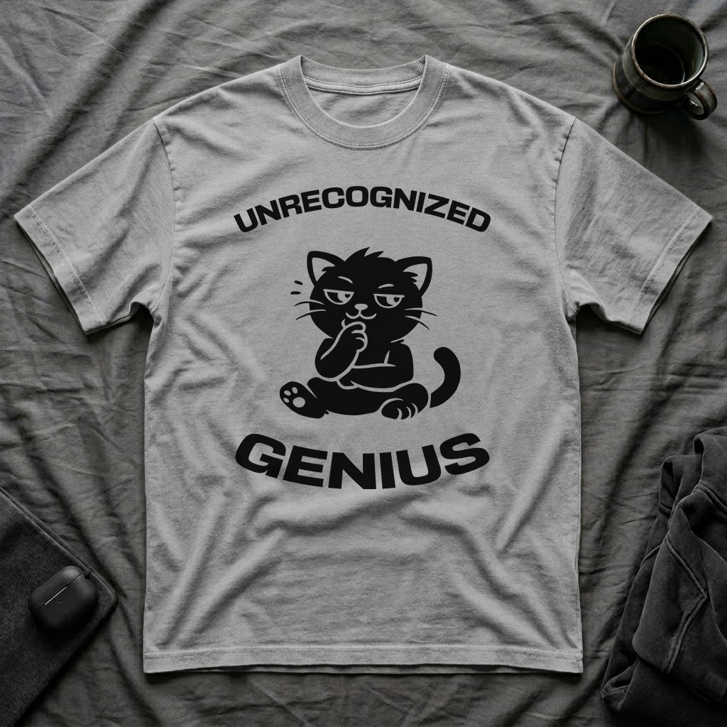 T-Shirt — 'Unrecognized Genius' Tired Cat Graphic Tee (Tired jokes)
