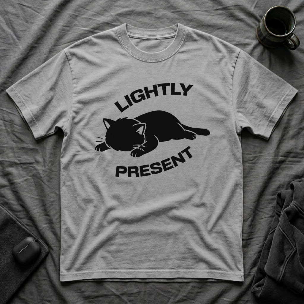 T-Shirt — 'Lightly Present' Tired Cat Graphic Tee (Tired jokes)