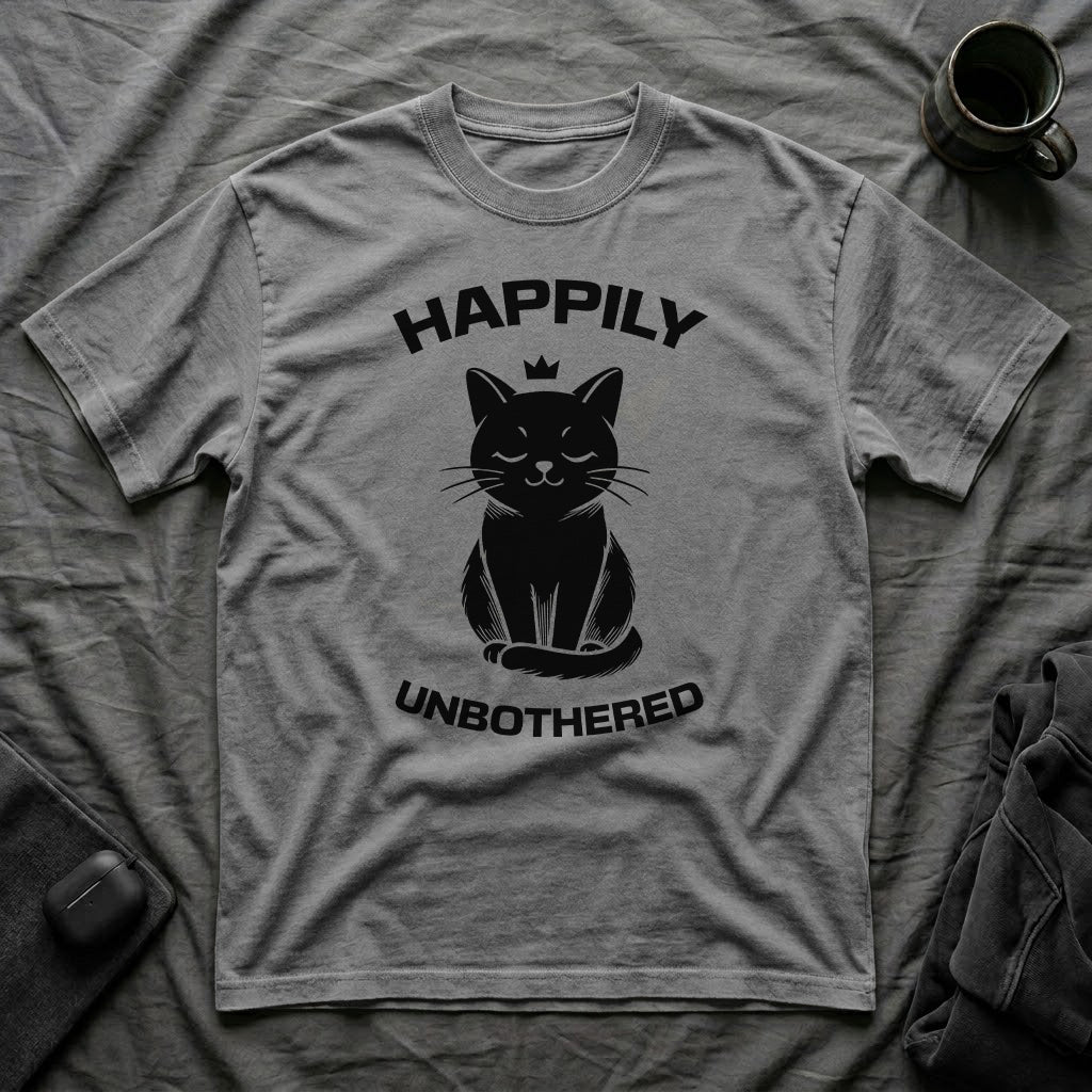 T-Shirt — 'Happily Unbothered' Tired Cat Graphic Tee (Tired jokes)