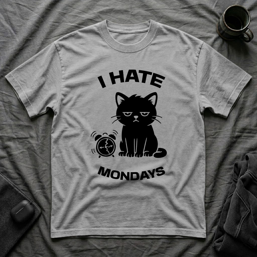 T-Shirt — 'I HATE MONDAYS ' Tired Cat Graphic Tee (Tired jokes)