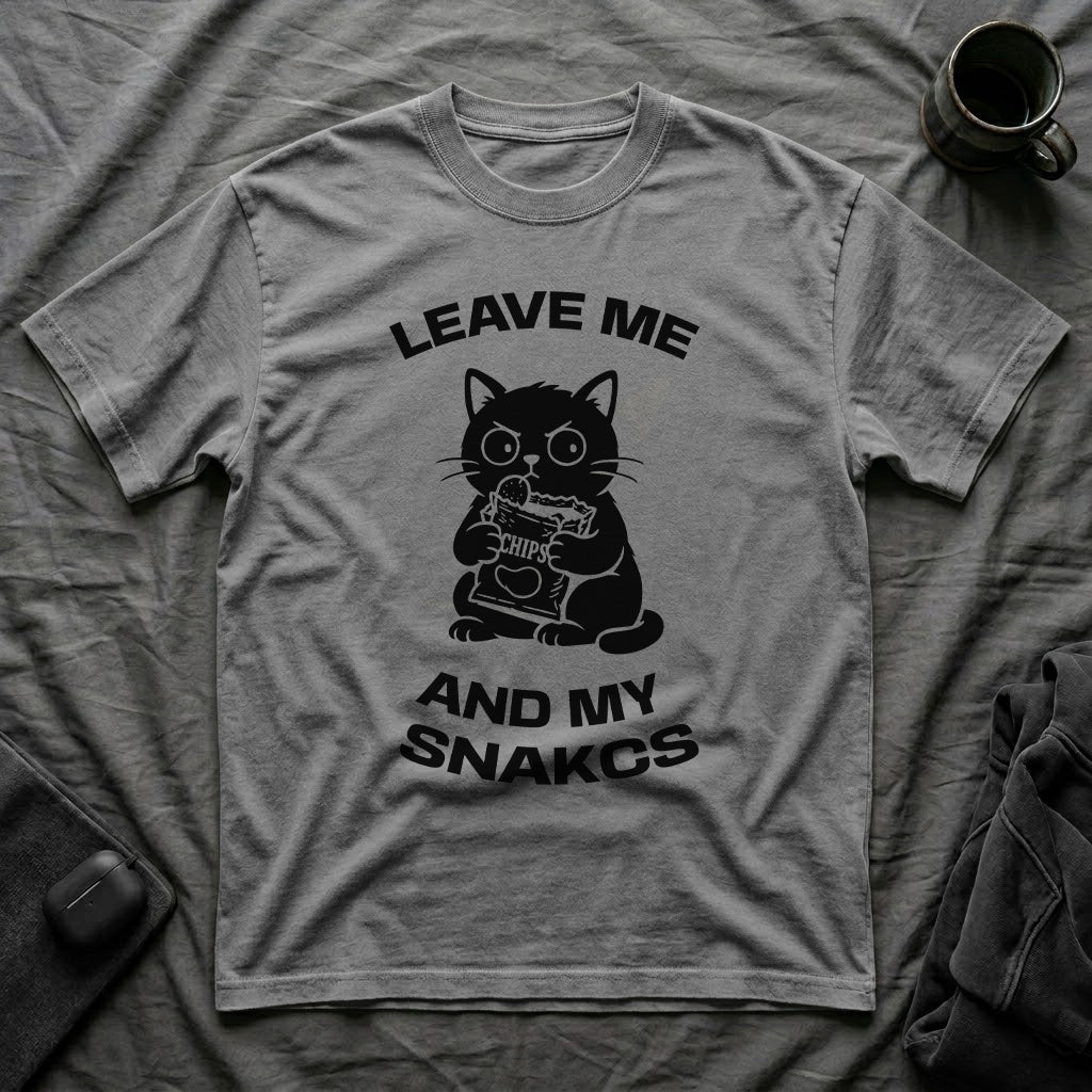 T-Shirt — 'LEAVE ME AND MY SNACKS' Tired Cat Graphic Tee (Tired jokes)