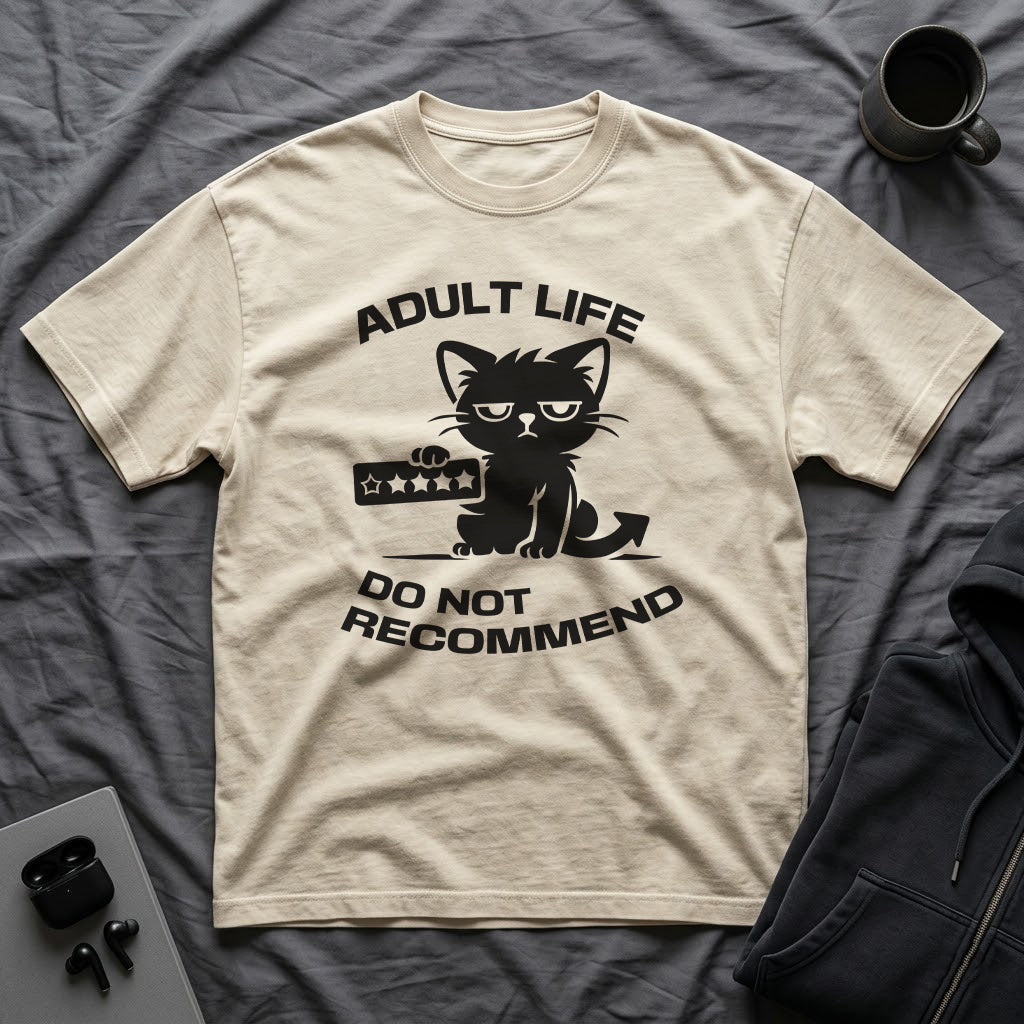 T-Shirt — 'ADULT LIFE DO NOT RECOMMEND' Tired Cat Graphic Tee (Tired jokes)