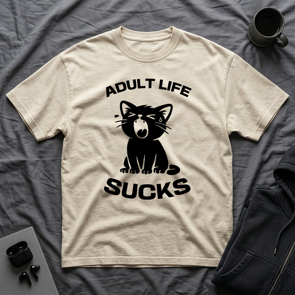 T-Shirt — 'Adult Life Sucks ' Tired Cat Graphic Tee (Tired jokes)