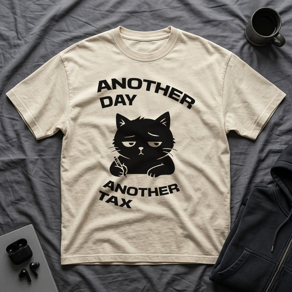 T-Shirt — 'ANOTHER DAY ANOTEHR TAX' Tired Cat Graphic Tee (Tired jokes)