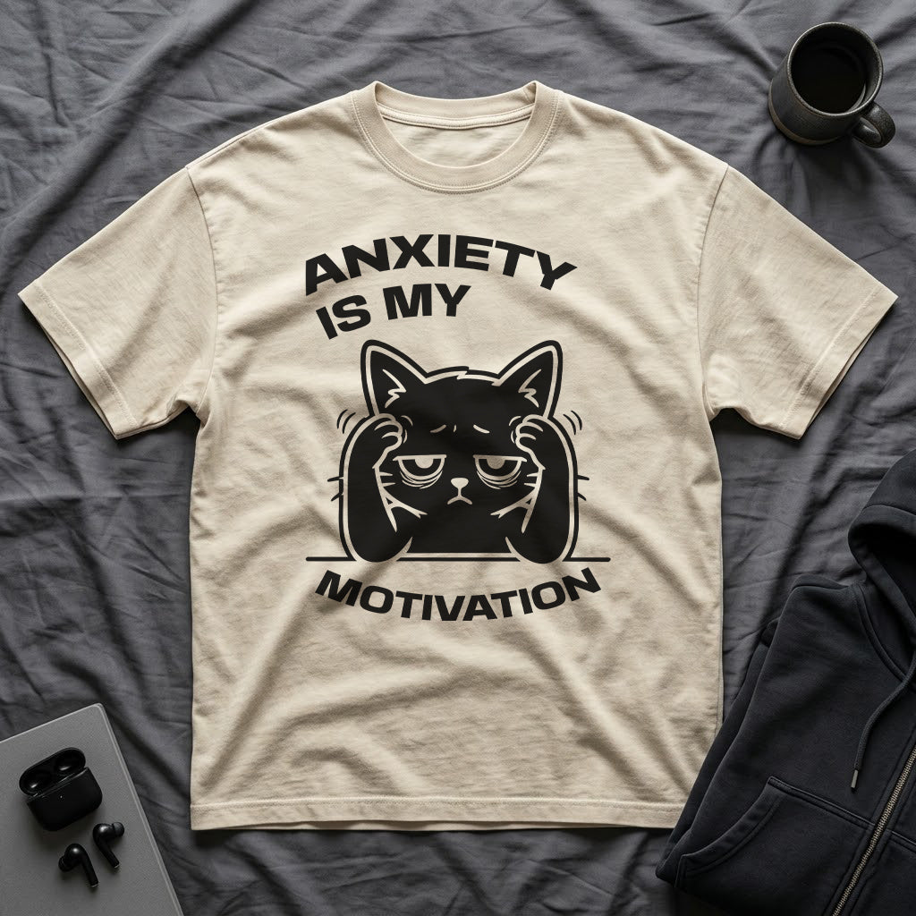 T-Shirt — 'ANXIETY IS MY MOTIVATION' Tired Cat Graphic Tee (Tired jokes)