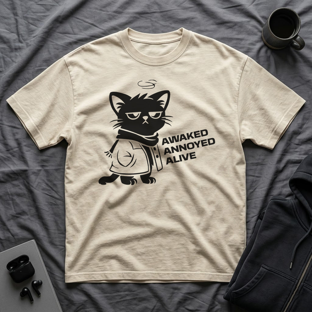 T-Shirt — 'AWAKED ANNOYED ALIVE' Tired Cat Graphic Tee (Tired jokes)