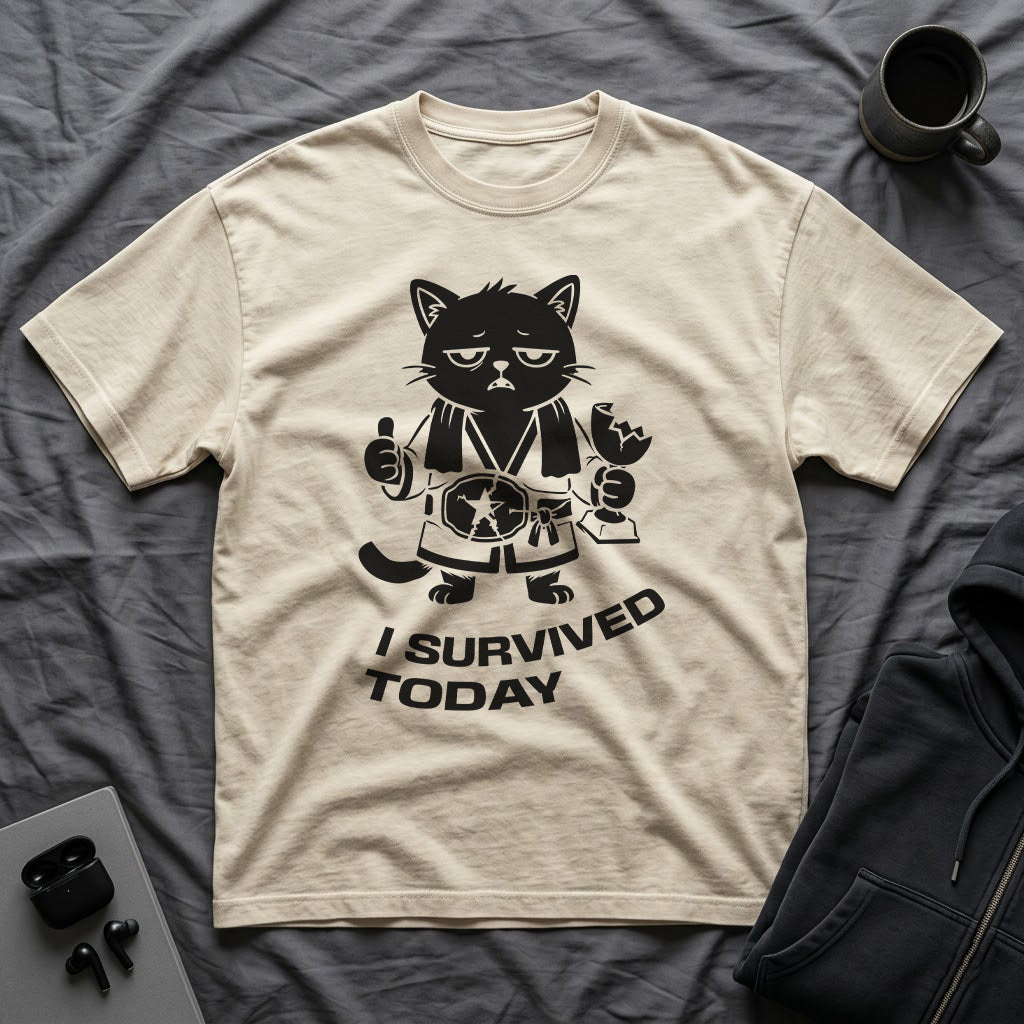 T-Shirt — 'I SURVIVED TODAY' Tired Cat Graphic Tee (Tired jokes)