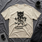 T-Shirt — 'I SURVIVED TODAY' Tired Cat Graphic Tee (Tired jokes)