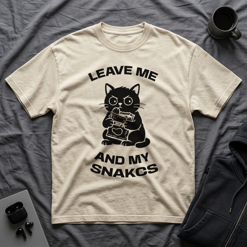 T-Shirt — 'LEAVE ME AND MY SNACKS' Tired Cat Graphic Tee (Tired jokes)