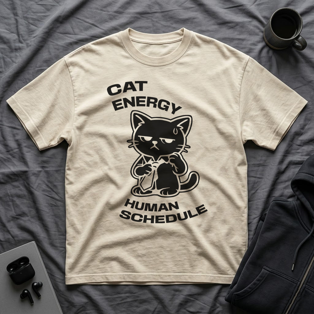 T-Shirt — 'CAT ENERGY HUMAN SCHEDULE' Tired Cat Graphic Tee (Tired jokes)