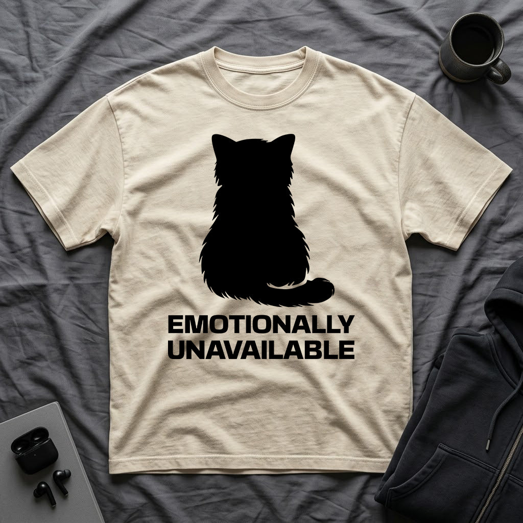 T-Shirt — 'Emotionally Unavailable' Tired Cat Graphic Tee (Tired jokes)