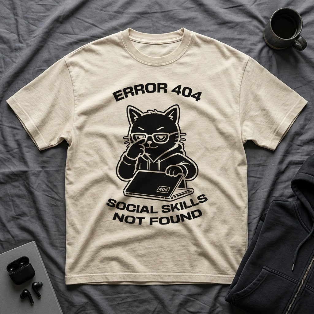 T-Shirt — 'ERROR 404 SOCIAL SKILLS NOT FOUND' Tired Cat Graphic Tee (Tired jokes)
