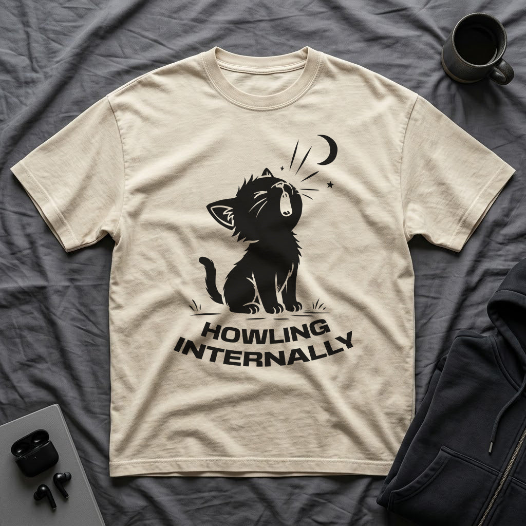 T-Shirt — 'HOWLING INTERNALLY' Tired Cat Graphic Tee (Tired jokes)