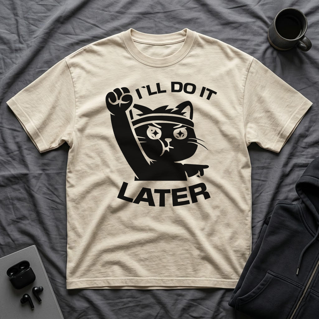 T-Shirt — 'I'll Do It Later' Tired Cat Graphic Tee (Tired jokes)