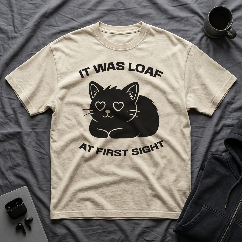 T-Shirt — 'IT WAS LOAF AT FIRST SIGHT' Tired Cat Graphic Tee (Tired jokes)