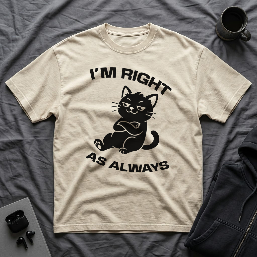 T-Shirt — 'I'm right as always' Tired Cat Graphic Tee (Tired jokes)