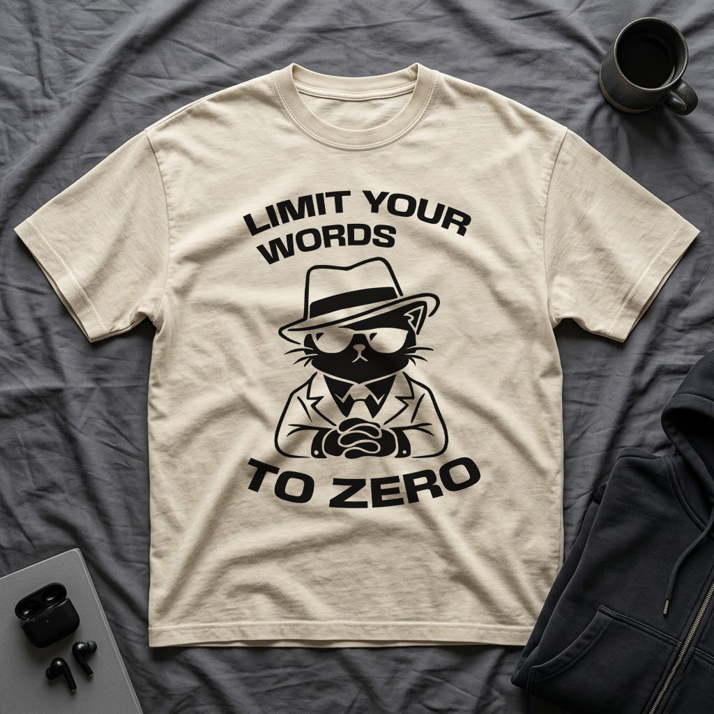 T-Shirt — 'LIMIT YOUR WORDS TO ZERO' Tired Cat Graphic Tee (Tired jokes)