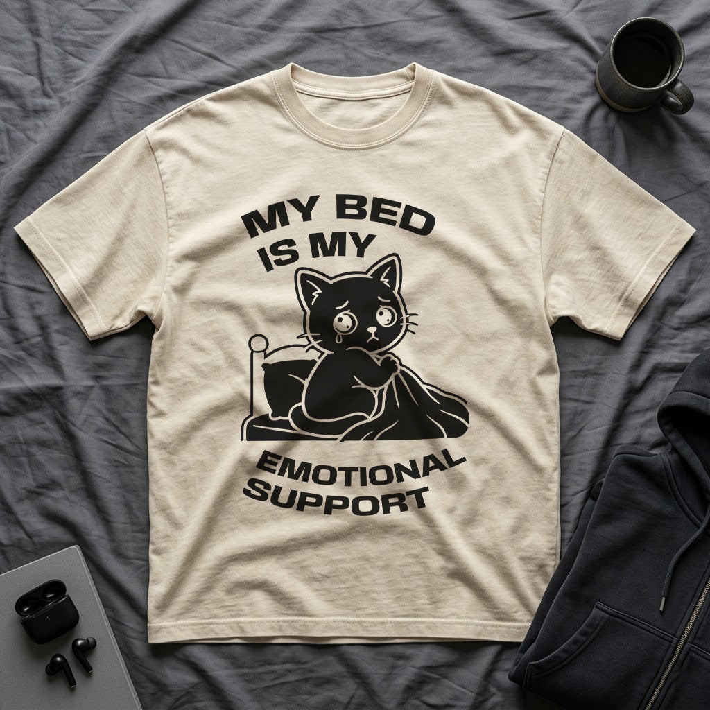 T-Shirt — 'MY BED IS MY EMOTIONAL SUPPORT' Tired Cat Graphic Tee (Tired jokes)