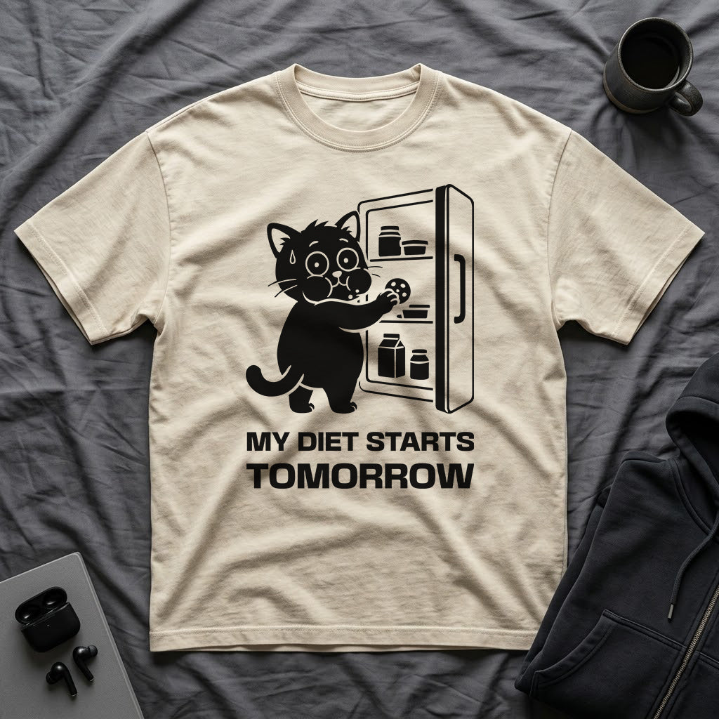 T-Shirt — 'My Diet Starts Tomorrow' Tired Cat Graphic Tee (Tired jokes)