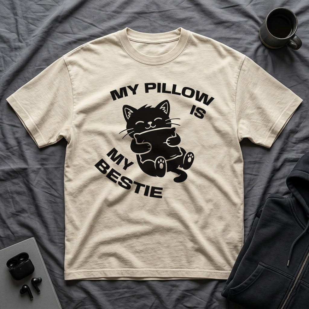 T-Shirt — 'My Pillow Is My Bestie' Tired Cat Graphic Tee (Tired jokes)