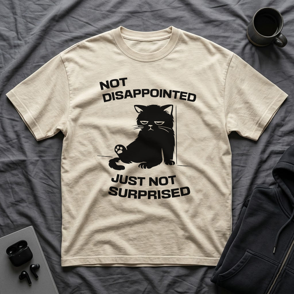 T-Shirt — 'Not Disappointed Just Not Surprised' Tired Cat Graphic Tee (Tired jokes)