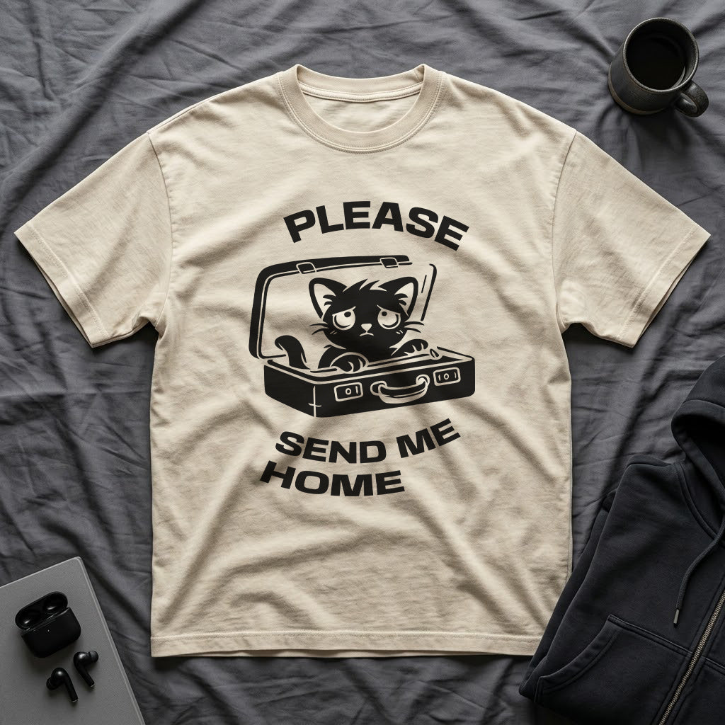 T-Shirt — 'PLEASE SEND ME HOME' Tired Cat Graphic Tee (Tired jokes)