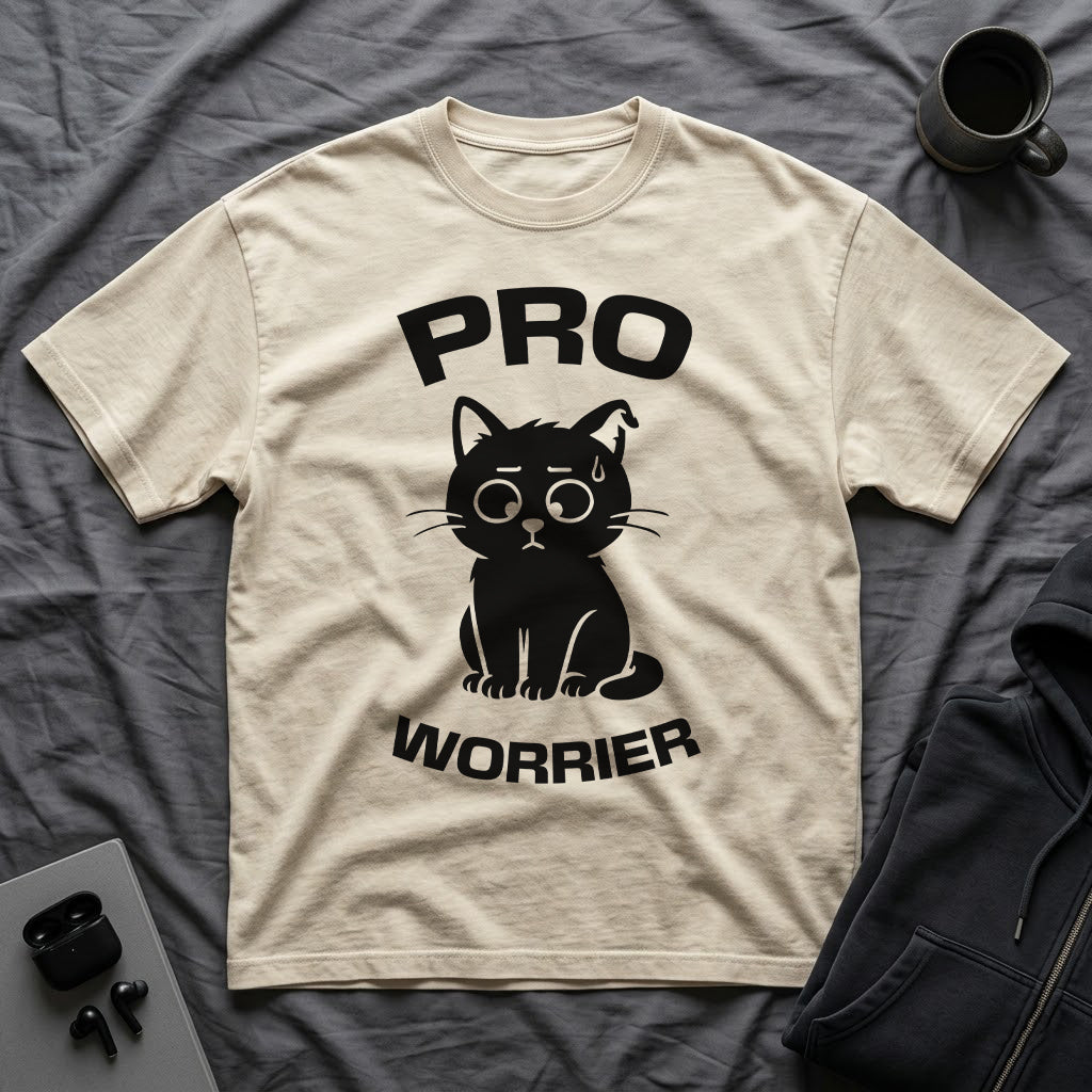 T-Shirt — 'Pro Worrier' Tired Cat Graphic Tee (Tired jokes)