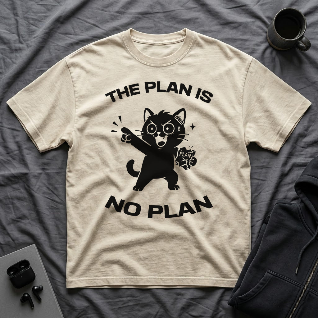 T-Shirt — 'The Plan Is No Plan' Tired Cat Graphic Tee (Tired jokes)