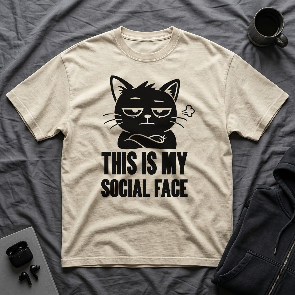 T-Shirt — 'This Is My Social Face' Tired Cat Graphic Tee (Tired jokes)