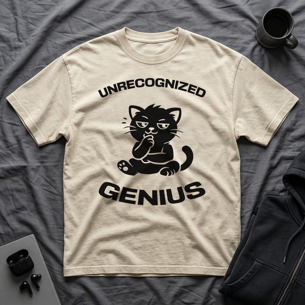 T-Shirt — 'Unrecognized Genius' Tired Cat Graphic Tee (Tired jokes)