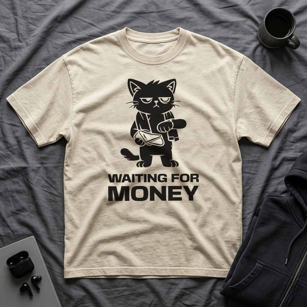 T-Shirt — 'WAITING FOR MONEY' Tired Cat Graphic Tee (Tired jokes)