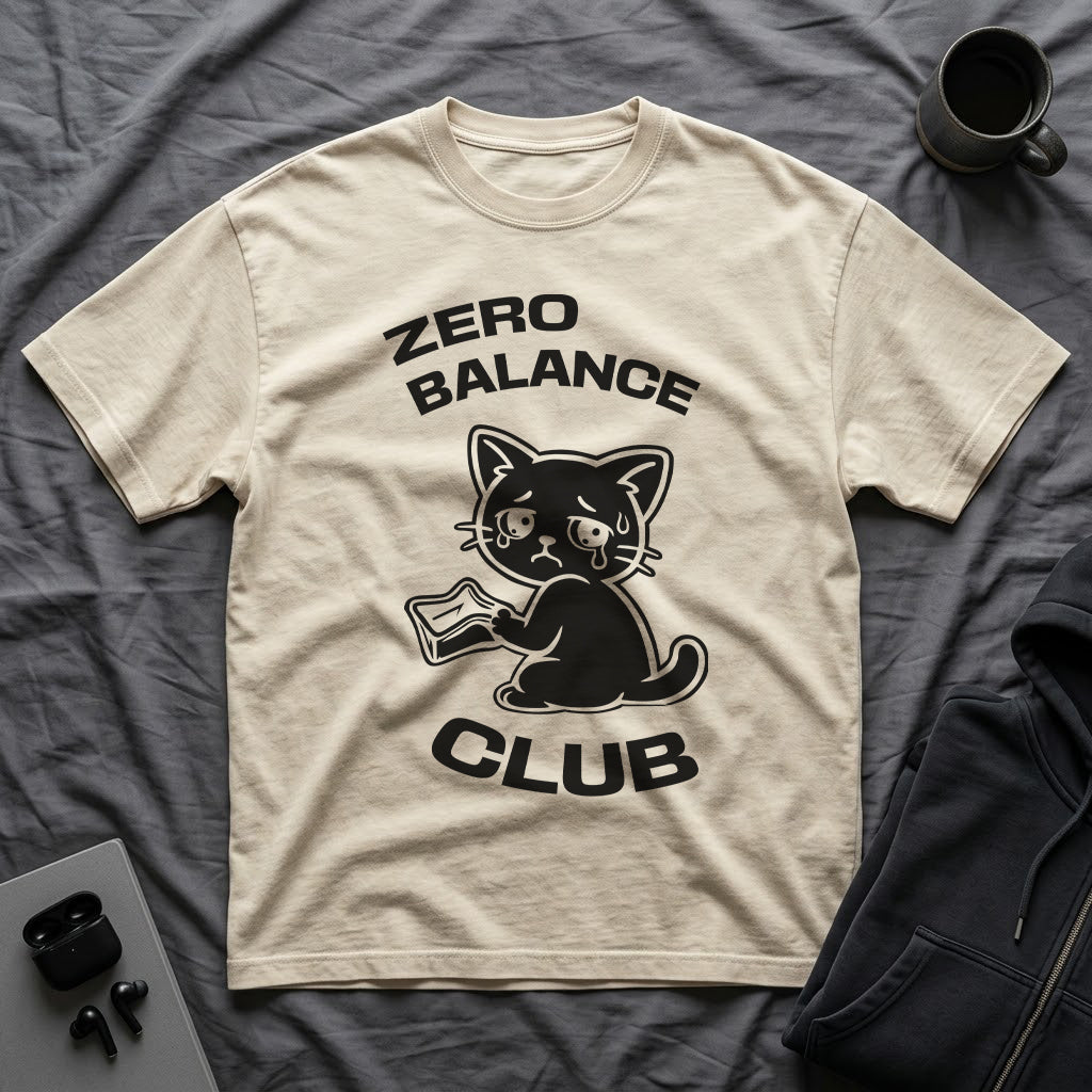 T-Shirt — 'ZERO BALANCE CLUB' Tired Cat Graphic Tee (Tired jokes)